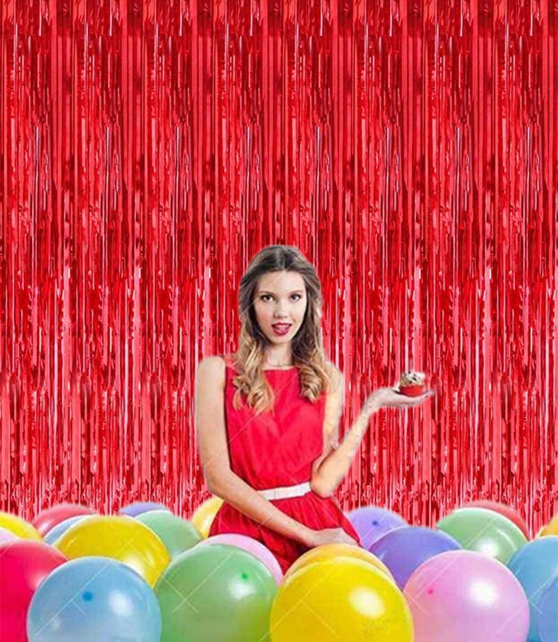 i-CHONY 2 Pcs 3.2ft x 8.2ft Shiny Red Metallic Tinsel Foil Fringe Curtains Photo Booth Backdrop for Birthday Wedding Holiday Celebration Bachelorette Party Decorations - Image 4